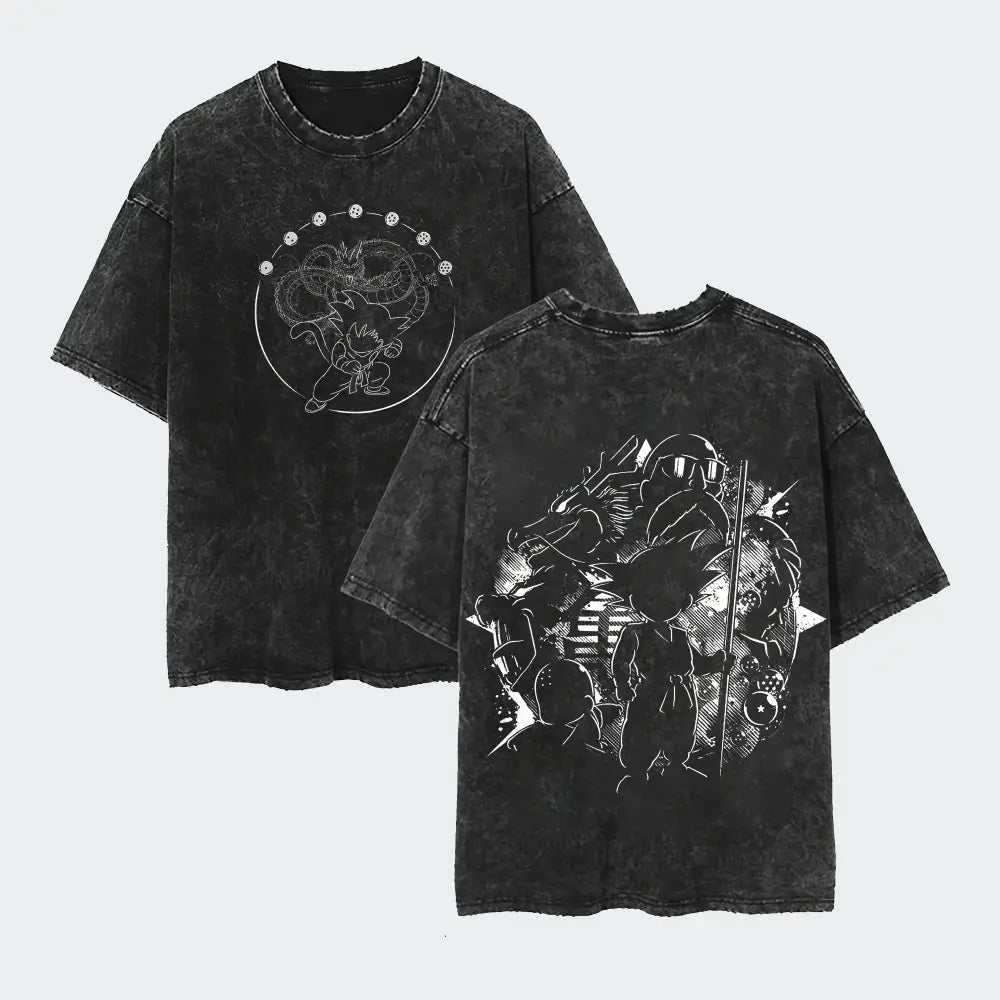 Black distressed dragon ball goku t-shirt with white line art on front and back loose fit soft cotton tee