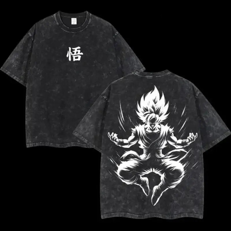 Black distressed cotton loose fit t-shirt with soft cotton featuring goku super saiyan graphic on back and wu character front