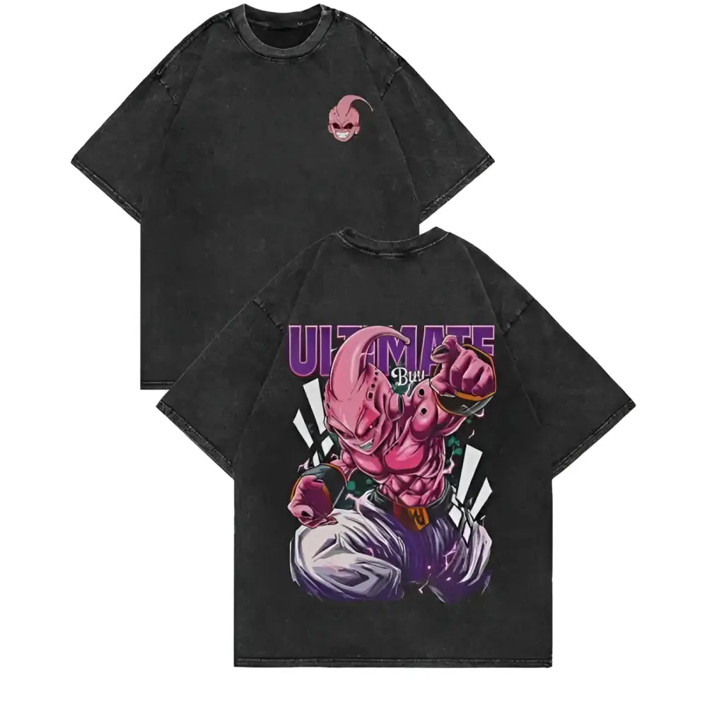 Black oversized Dragon Ball Goku washed t-shirt with vibrant pink graphic purple text soft cotton loose fit and distressed fabric