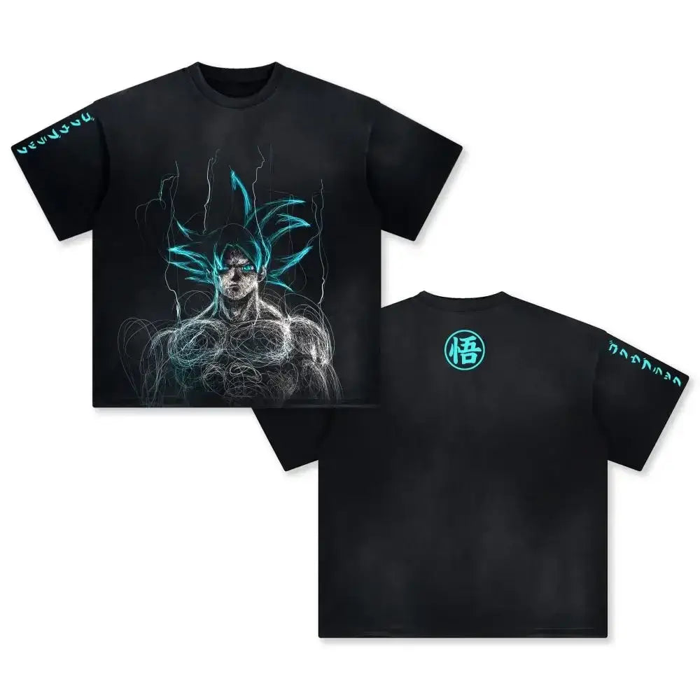 Black short-sleeved dragon ball goku washed t-shirt in soft cotton with loose fit and glowing teal anime design on back