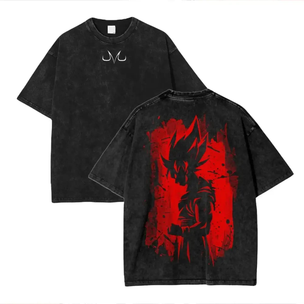 Black distressed cotton loose fit t-shirt with a bold red goku splatter design on the back and white jm logo on chest