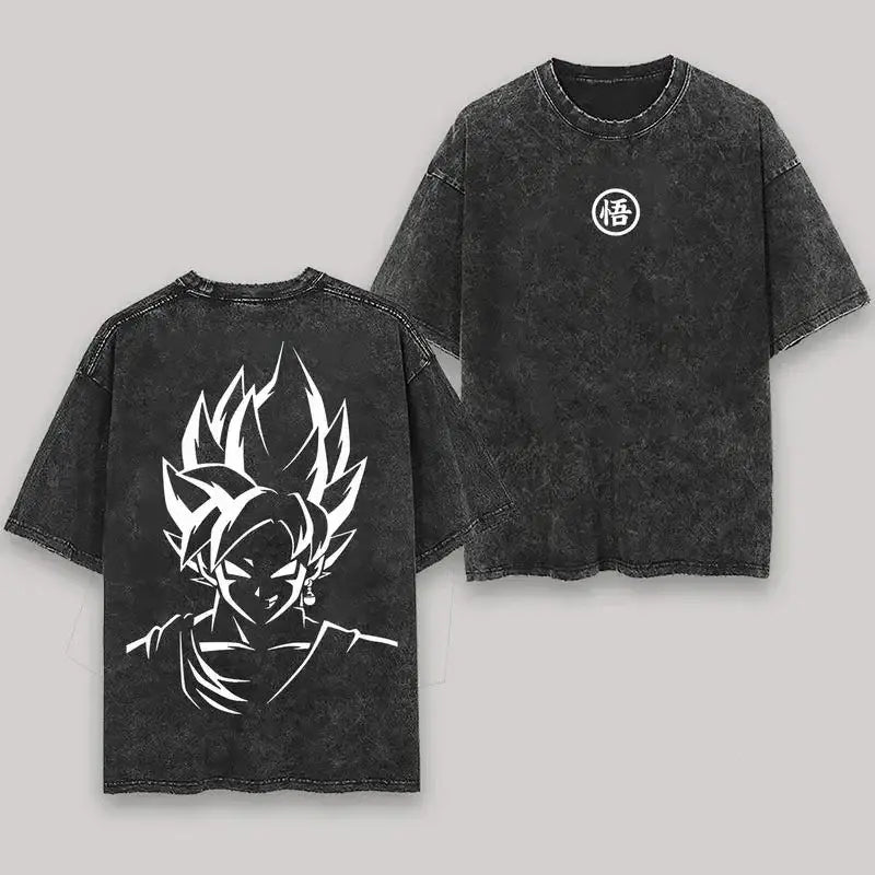 Black distressed loose fit cotton t-shirt with white goku super saiyan graphic on back and circular悟 logo on chest