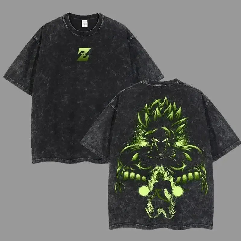 Black distressed cotton loose fit t-shirt with neon green spiky-haired anime graphic on back and matching chest logo
