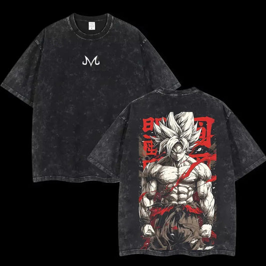 Back of black distressed cotton loose fit t-shirt with bold white and red goku super saiyan graphic and chinese characters