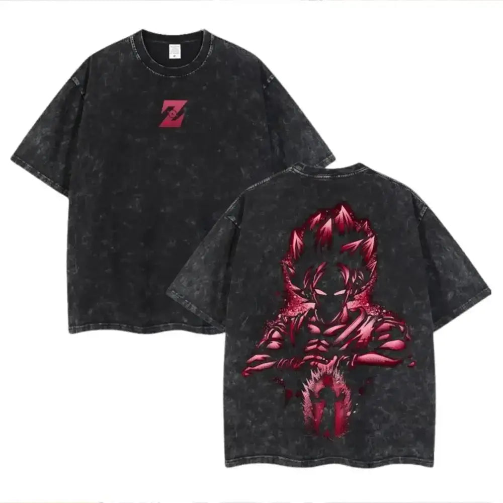 Black distressed cotton loose fit t-shirt with bold red goku super saiyan design on back and small pink logo on chest