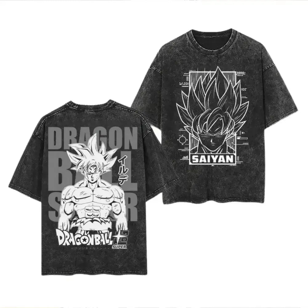 Black distressed cotton t-shirt featuring white goku super saiyan line art with dragon ball and saiyan text in loose fit soft cotton