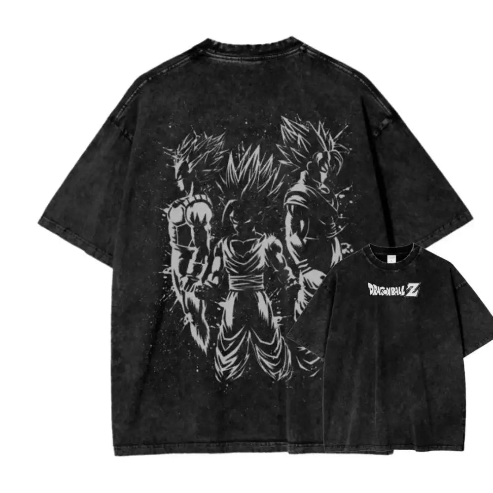 Black distressed cotton loose fit t-shirt with white dragon ball z characters graphic on the back and logo on front