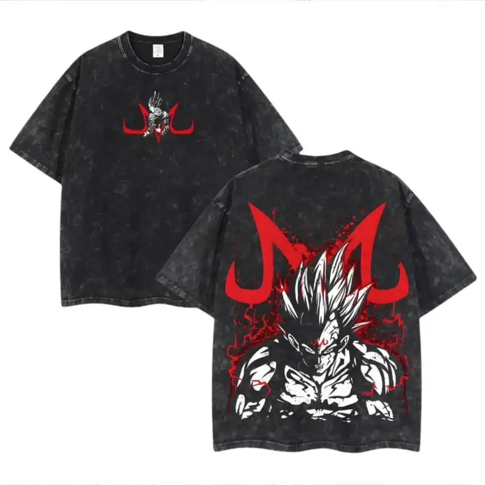 Black distressed cotton loose fit t-shirt with bold red white Goku super saiyan design and M logo front and back