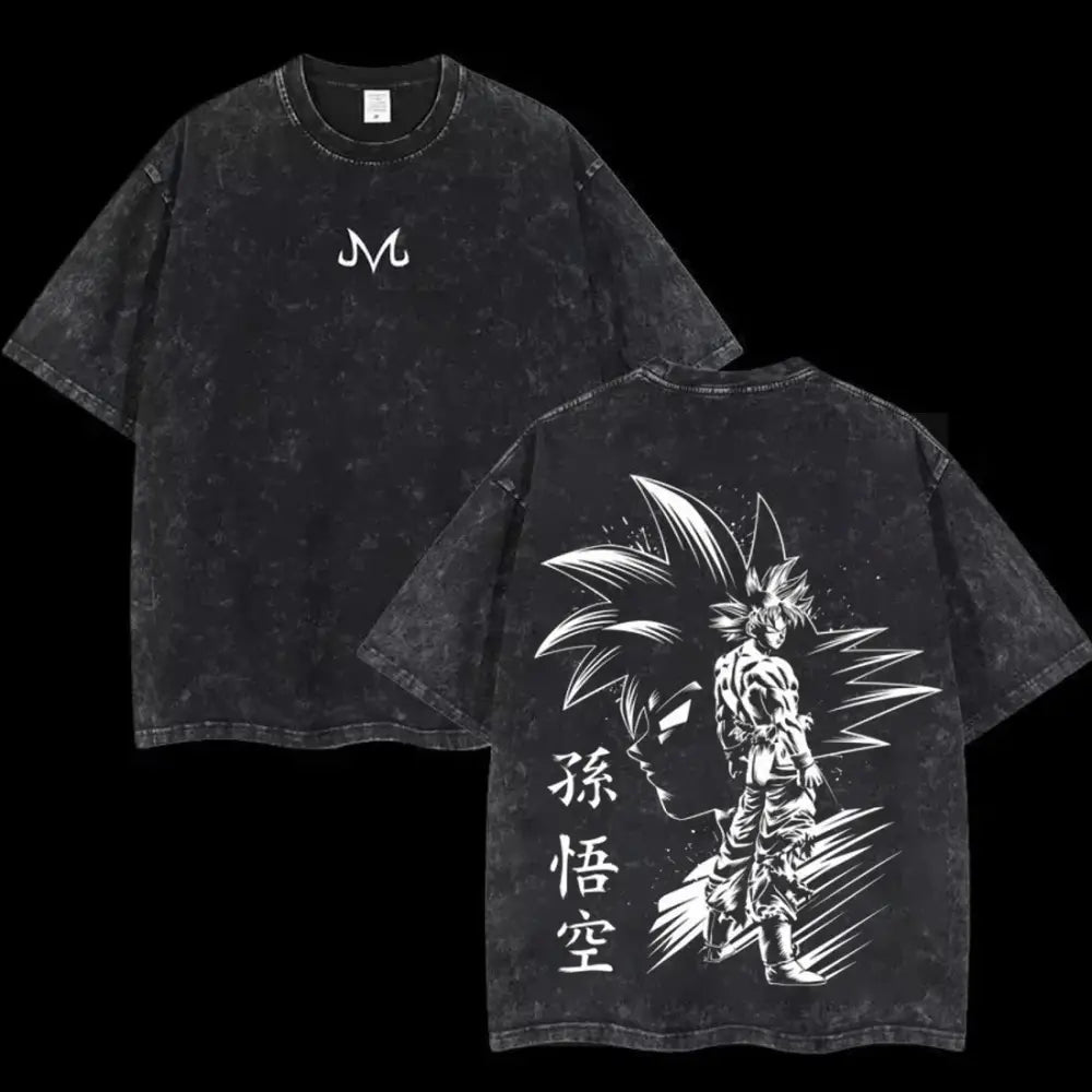 Black distressed cotton loose fit t-shirt with white goku line-art and chinese characters on the back soft cotton material