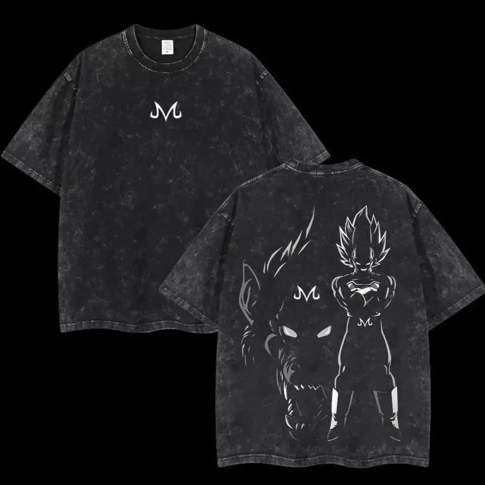 Black distressed cotton loose fit t-shirt showing the back with white line-art of goku and his wolf companion