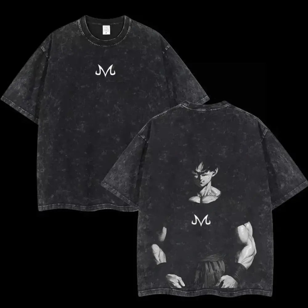 Black distressed cotton loose fit t-shirt with grayscale Goku illustration and white m logos on front and neckline