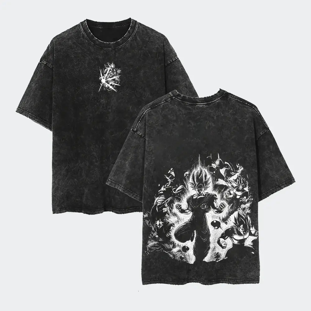 Black distressed cotton loose fit t-shirt with white dragon ball goku graphic print on front and back