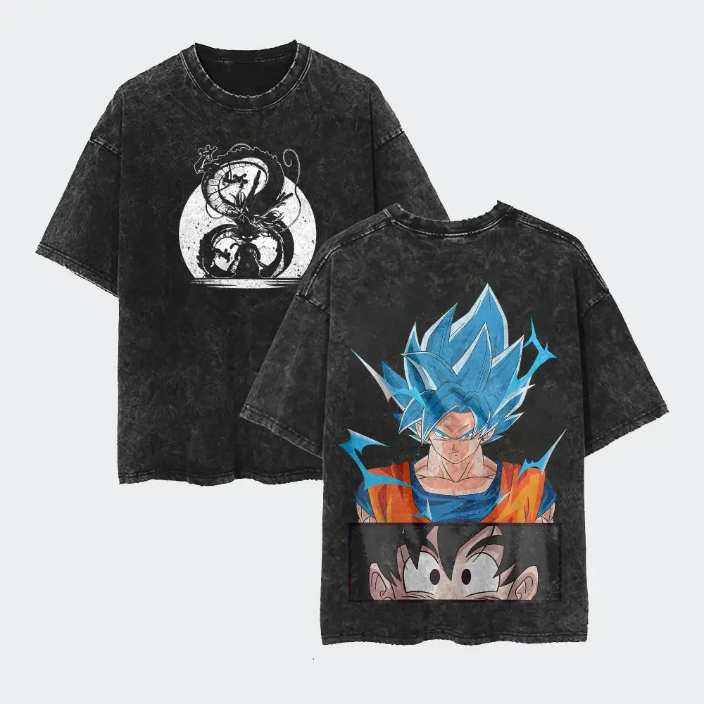 Black distressed cotton loose fit t-shirt with soft cotton featuring super saiyan blue goku front graphic and shenron back design