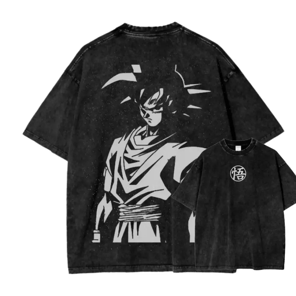 Black distressed cotton loose fit t-shirt with soft cotton featuring goku super saiyan graphic on back and circular悟 logo front
