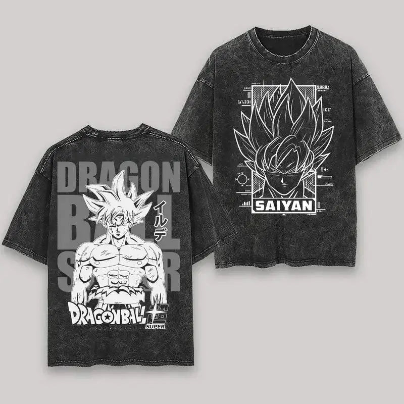 Black distressed cotton loose fit t-shirt with white goku super saiyan graphics front and back dragon ball super branding