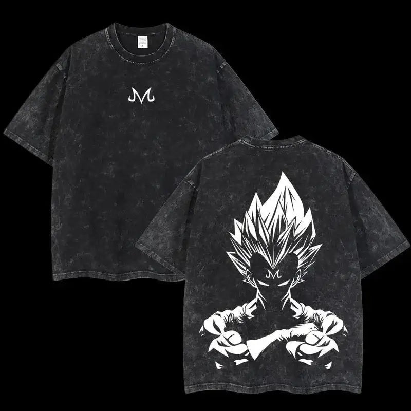 Black distressed cotton loose fit t-shirt with white super saiyan goku graphic on back and stylized m logo on chest