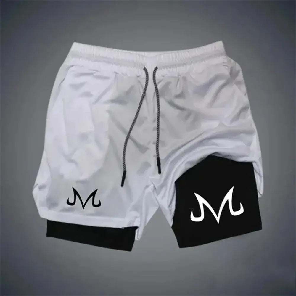 White and black two-layer quick-drying athletic shorts with bold m logo and contrasting drawstrings inspired by dragon ball majin buu