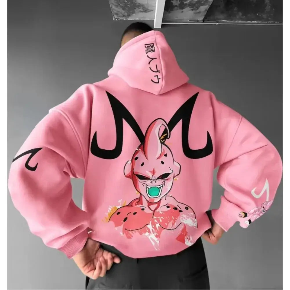 Back view of pink dragon ball majin buu hoodie sweater featuring a large black m and majin buu with green eyes print