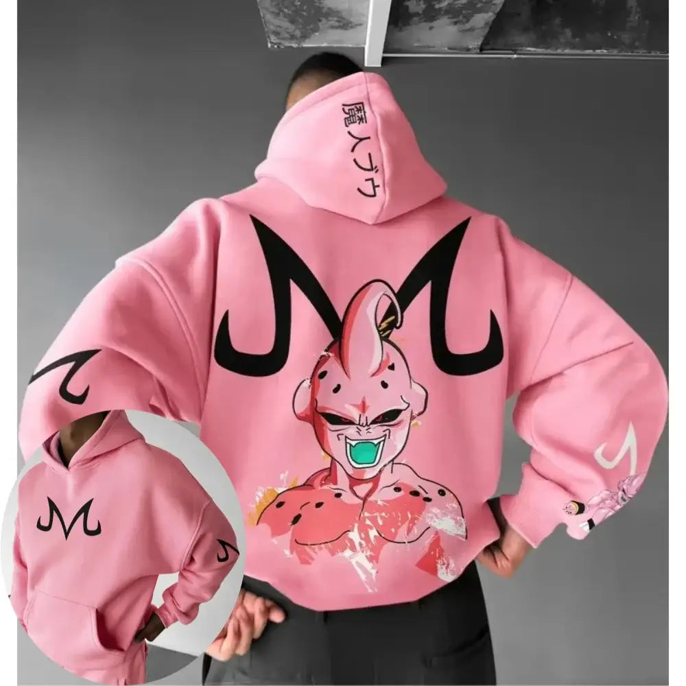 Pink dragon ball majin buu hoodie sweater featuring large graphic, black m lettering, and japanese text on the hood