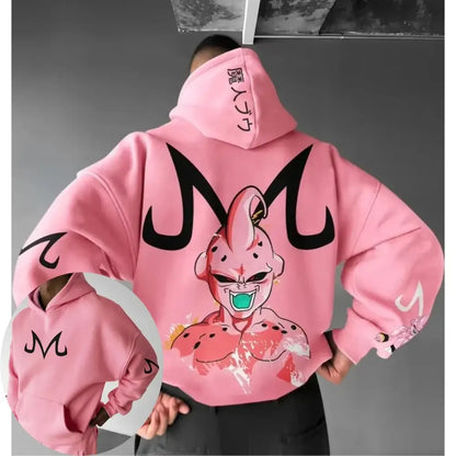 Pink dragon ball majin buu hoodie sweater featuring large graphic, black m lettering, and japanese text on the hood