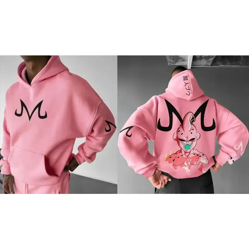Pink oversized dragon ball majin buu hoodie sweater with black m logo front and graphic back featuring majin buu design