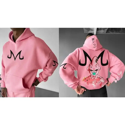 Pink oversized dragon ball majin buu hoodie sweater with black m logo front and graphic back featuring majin buu design
