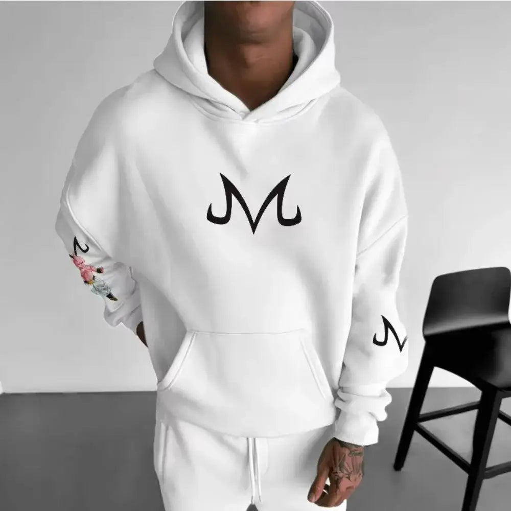 White dragon ball majin buu hoodie sweater with black embroidered logo, matching sleeve details, front pocket, and drawstring hood