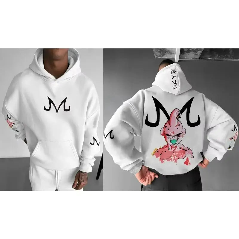 White dragon ball majin buu hoodie sweater featuring black m logo and pink cartoon character design on back and sleeves