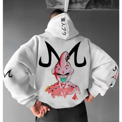 White hoodie showing vibrant pink majin buu character with green lips and black m lettering on the back for dragon ball fans