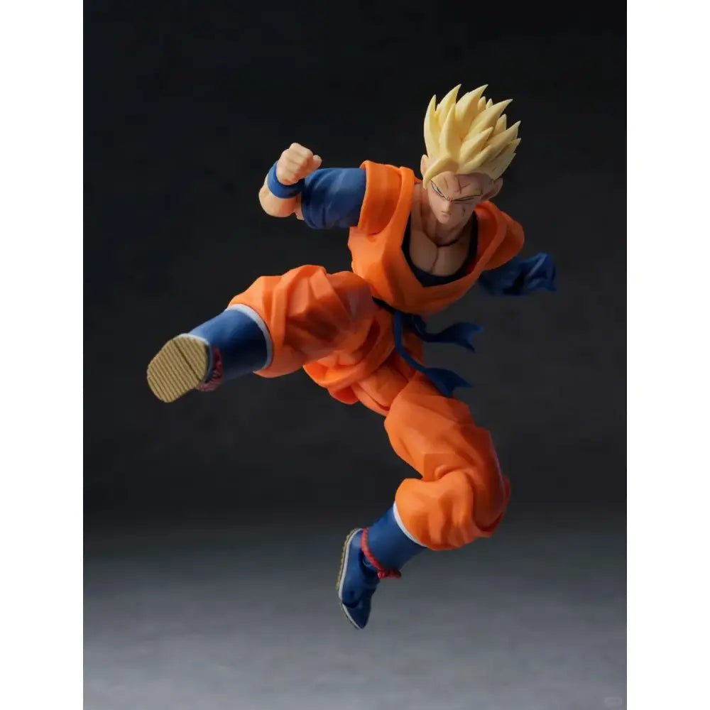Dragon ball one armed son gohan figure in orange and blue super saiyan pose mid-air dynamic s h f style action figure