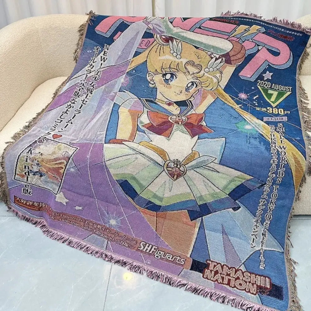 Colorful textile blanket featuring sailor moon in vibrant blue and purple tones made with cotton thread for dragon ball fans