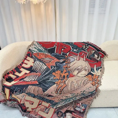 A vibrant dragon ball textile blanket with bold red and black lettering on fringed cotton thread fabric