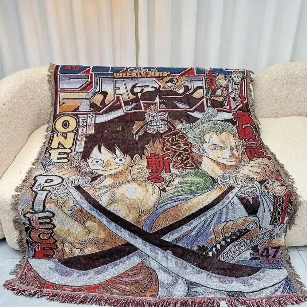 Colorful one piece textile blanket made with cotton thread featuring bold anime characters and vibrant artwork