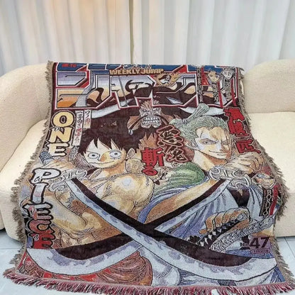 Colorful one piece textile blanket made with cotton thread featuring bold anime characters and vibrant artwork