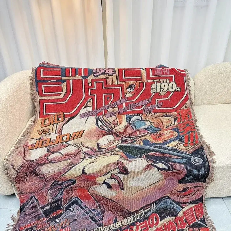 A vibrant red and black dragon ball textile blanket with cotton thread featuring jojo’s bizarre adventure manga design