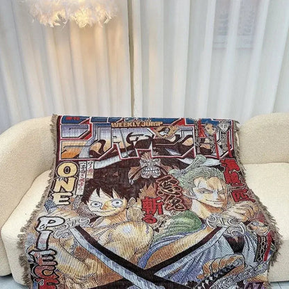 Colorful woven textile blanket with one piece anime characters made of cotton thread for cozy use