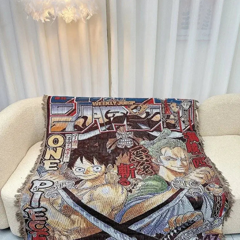 Colorful woven textile blanket featuring dragon ball and one piece characters made of soft cotton thread