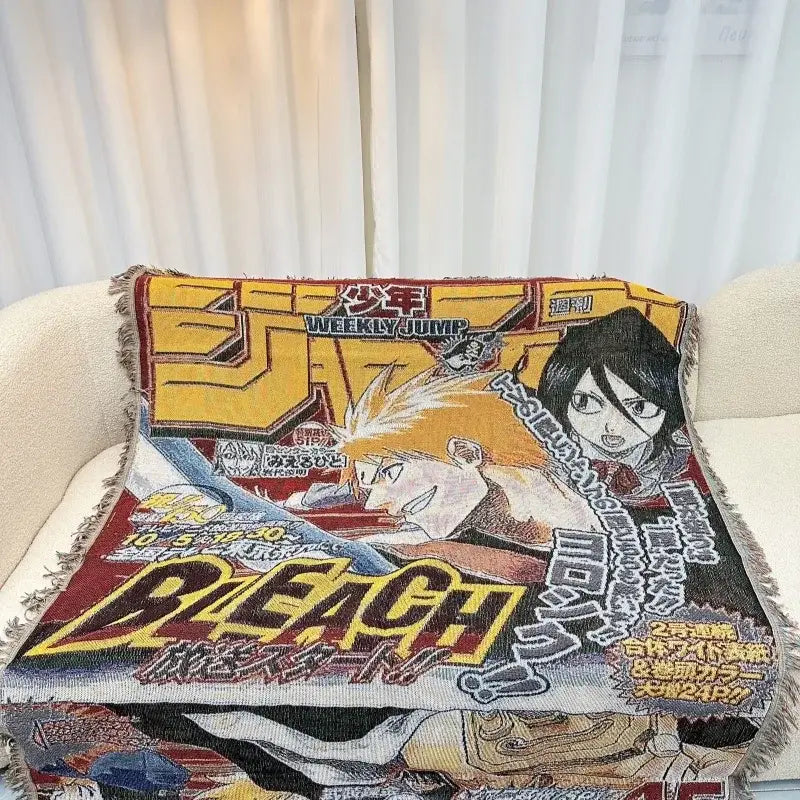 A vibrant cotton thread textile blanket featuring a detailed bleach manga cover with bold yellow and red lettering