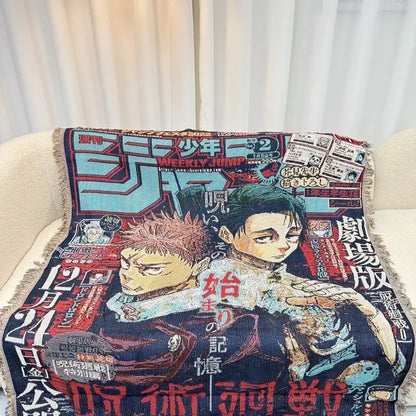 Dark blue cotton thread textile blanket featuring a detailed dragon ball and one piece manga cover design with japanese text