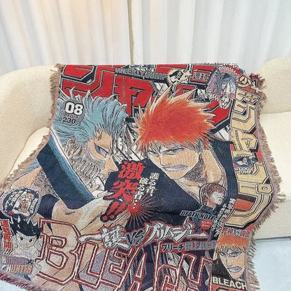 A vibrant red and black anime design textile blanket made with cotton thread featuring bleach manga characters