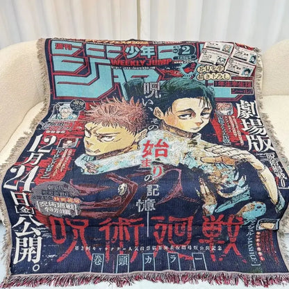 Navy blue textile blanket with cotton thread featuring two jujutsu kaisen anime characters and bold japanese text