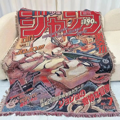 A vibrant cotton thread textile blanket featuring a textured jojo’s bizarre adventure manga tapestry design with bold red and black lettering