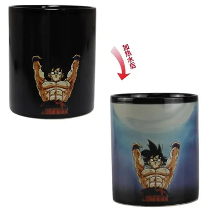 Black ceramic dragon ball color changing mug featuring muscular goku that reveals colorful scene when heated