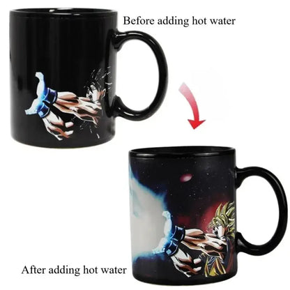 Black ceramic dragon ball color changing mug featuring heat-activated son goku design with vibrant cosmic colors