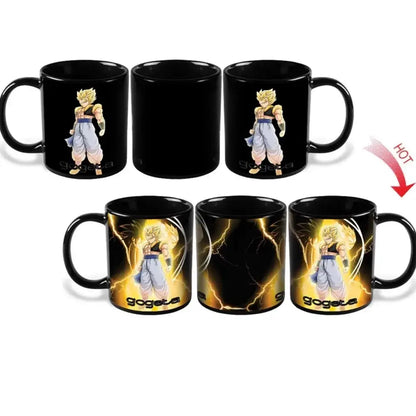 Black ceramic dragon ball color changing mug featuring gogeta with golden aura and lightning effects design