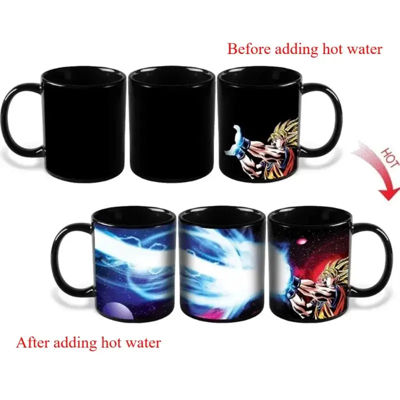 Black ceramic dragon ball color changing mug featuring goku revealing blue and red cosmic scenes when heated