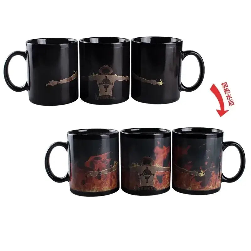 Black ceramic dragon ball color changing mug showing son goku with fiery flames revealed when heated