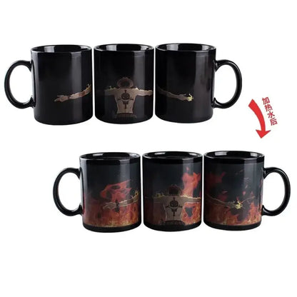 Black ceramic dragon ball color changing mug showing son goku with fiery flames revealed when heated