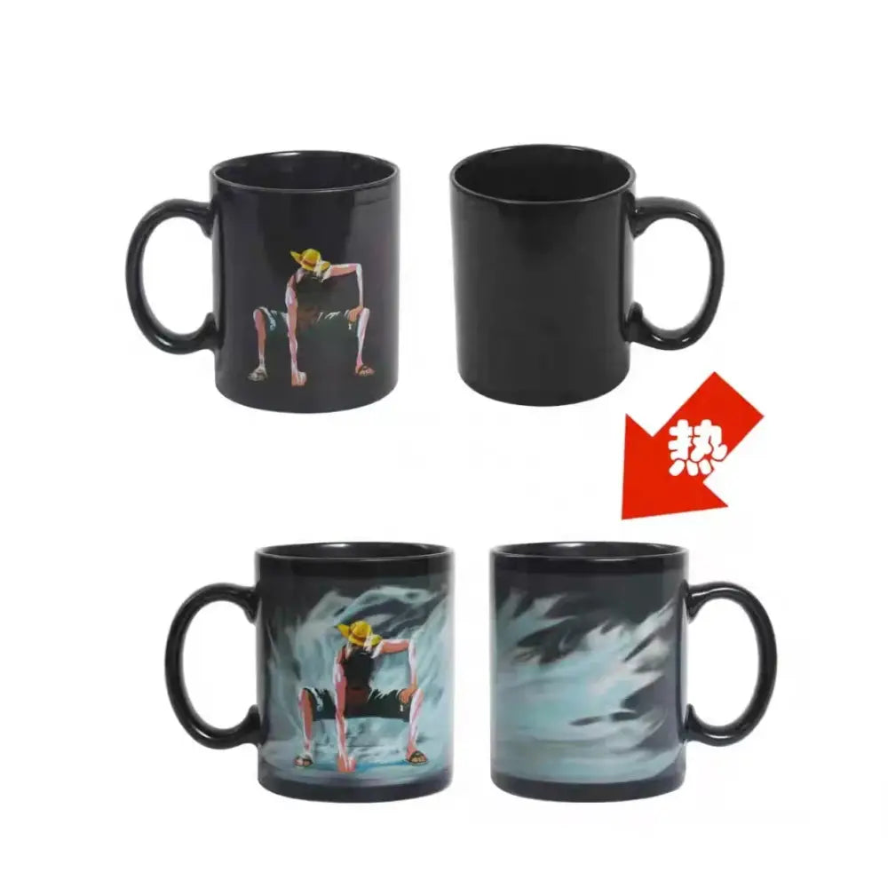 Black ceramic dragon ball color changing mug featuring son goku with yellow hat revealing watercolor scene when heated