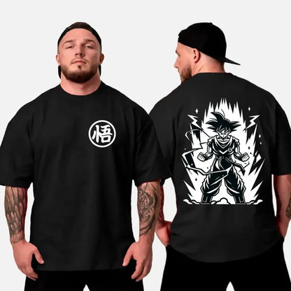 Black oversized cotton dragon ball son goku t-shirt with white悟 character front and super saiyan goku back illustration